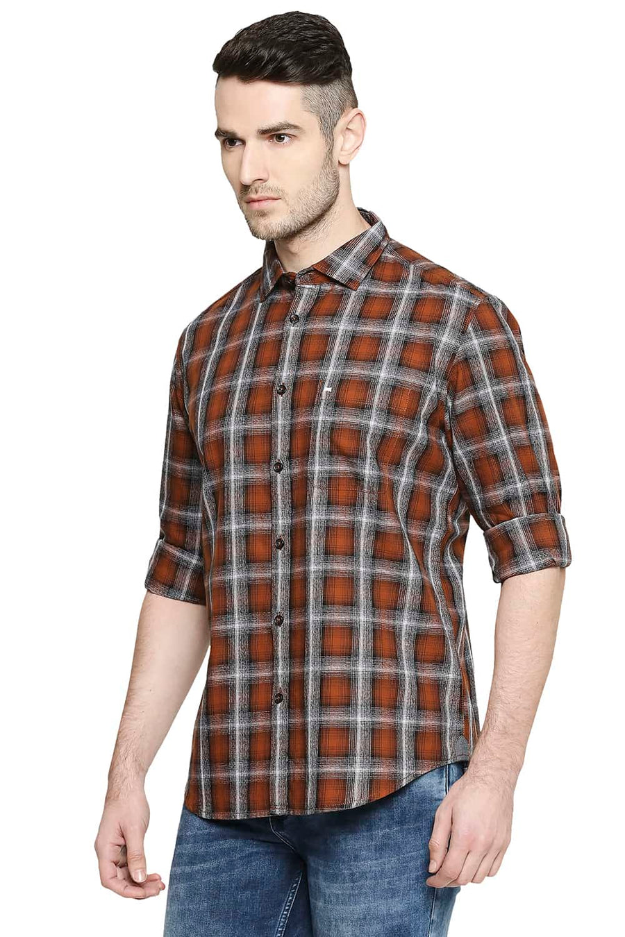 BASICS SLIM FIT GINGER BROWN CHECKS SHIRT