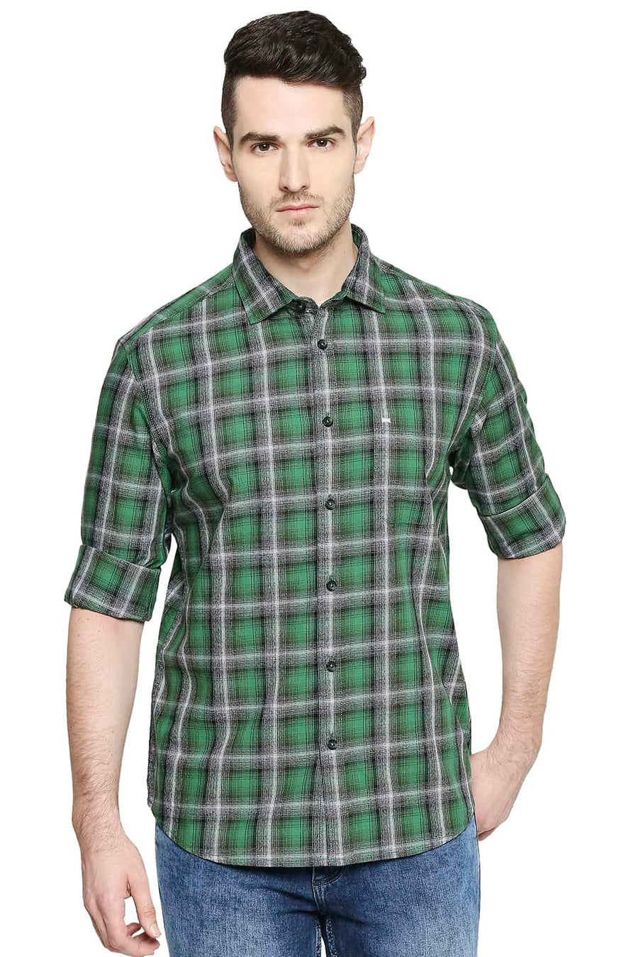 BASICS SLIM FIT JUNIPER GREEN CHECKS SHIRT