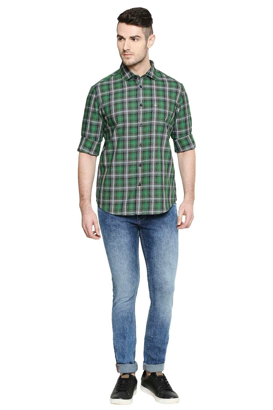 BASICS SLIM FIT JUNIPER GREEN CHECKS SHIRT