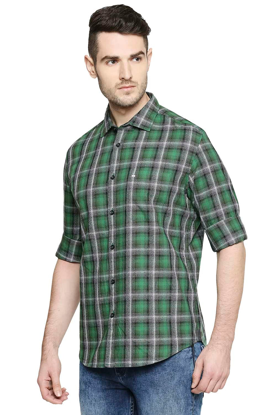 BASICS SLIM FIT JUNIPER GREEN CHECKS SHIRT