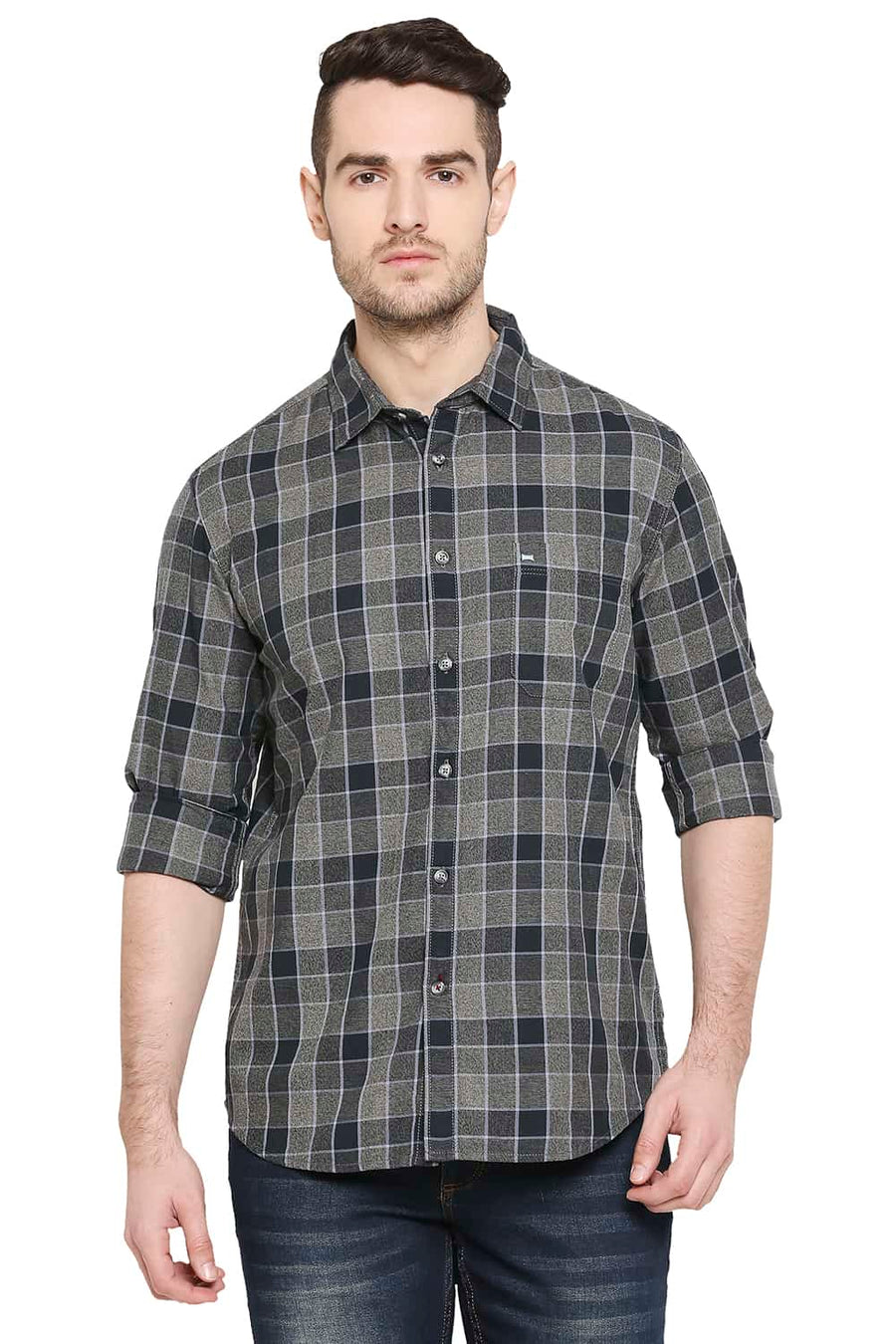 BASICS SLIM FIT MOON MIST GREY CHECKS SHIRT