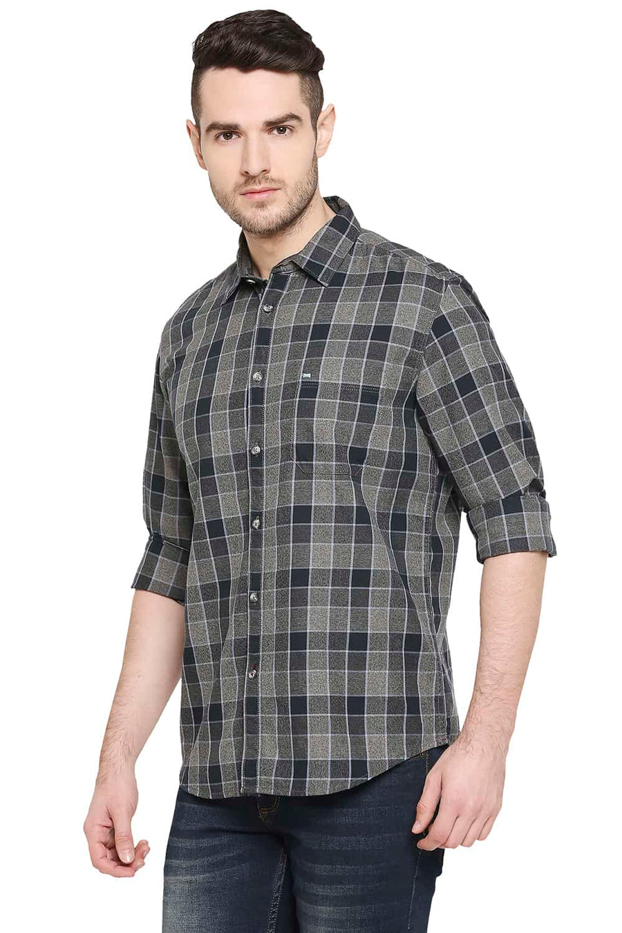 BASICS SLIM FIT MOON MIST GREY CHECKS SHIRT