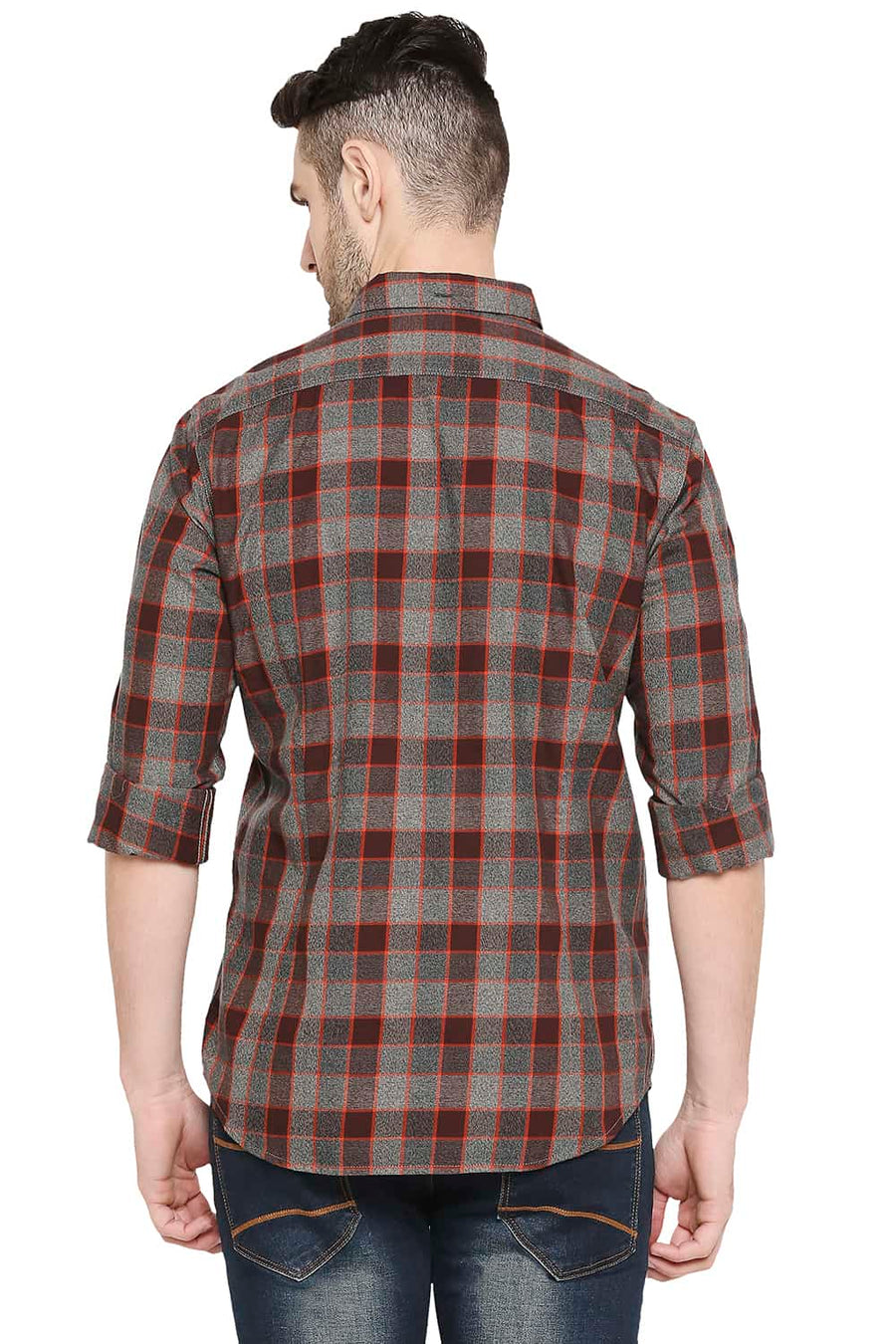 BASICS SLIM FIT MANDARIN ORANGE CHECKS SHIRT