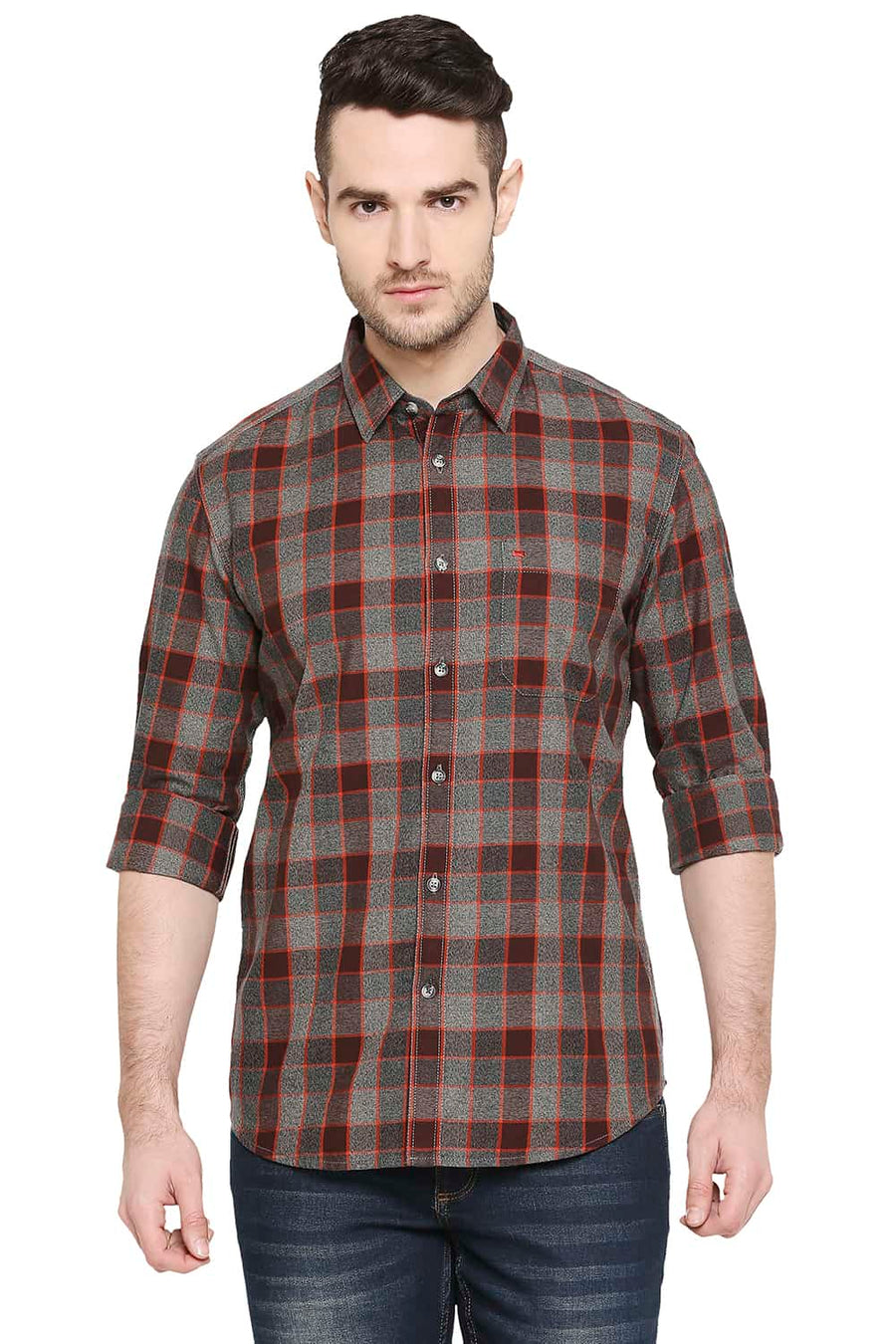 BASICS SLIM FIT MANDARIN ORANGE CHECKS SHIRT