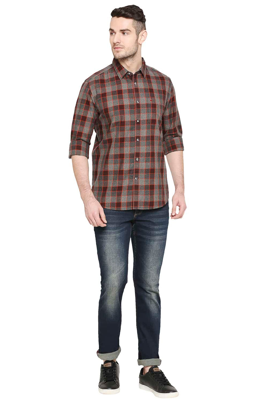BASICS SLIM FIT MANDARIN ORANGE CHECKS SHIRT