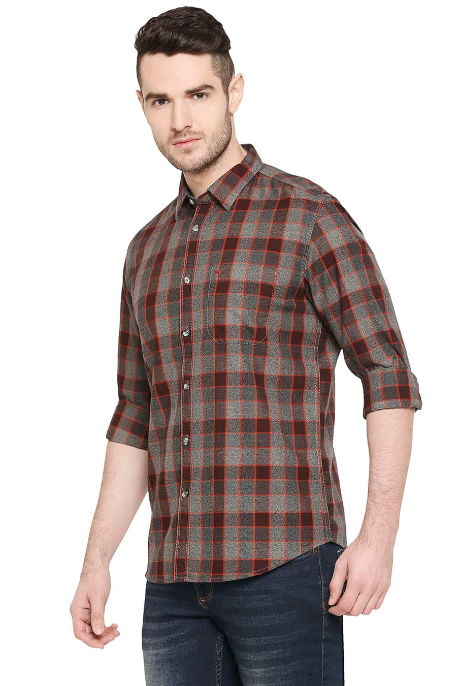 BASICS SLIM FIT MANDARIN ORANGE CHECKS SHIRT