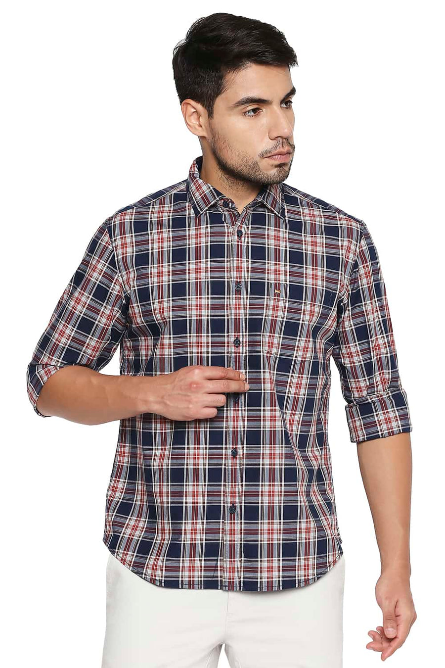 BASICS SLIM FIT NIGHT NAVY CHECKS SHIRT