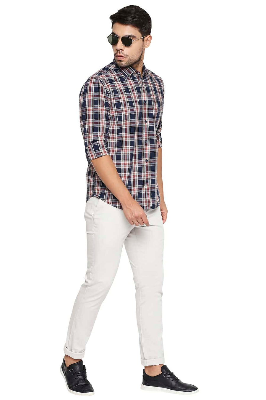 BASICS SLIM FIT NIGHT NAVY CHECKS SHIRT