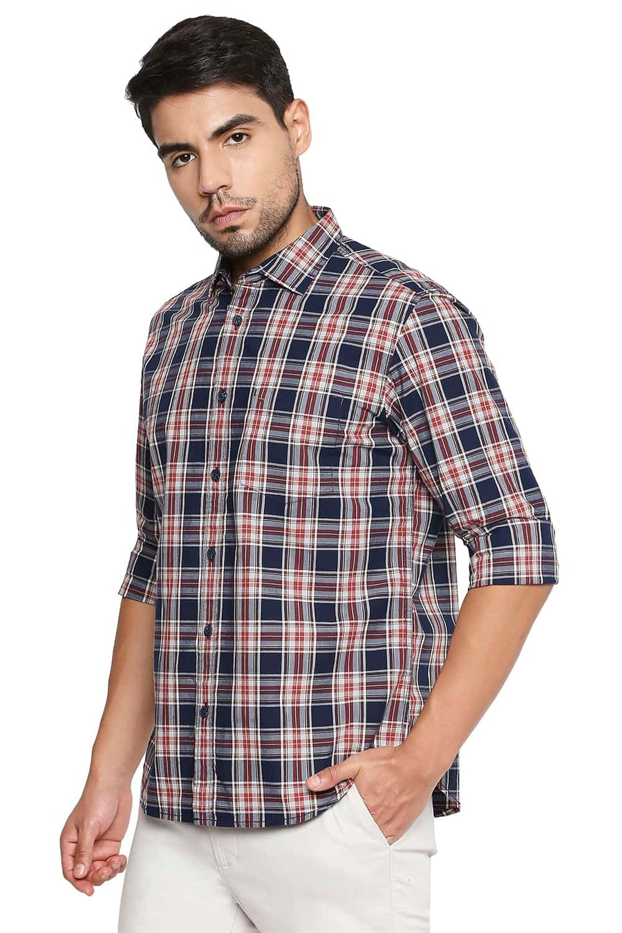 BASICS SLIM FIT NIGHT NAVY CHECKS SHIRT