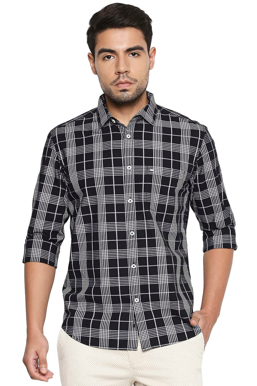 BASICS SLIM FIT NIGHT BLACK CHECKS SHIRT