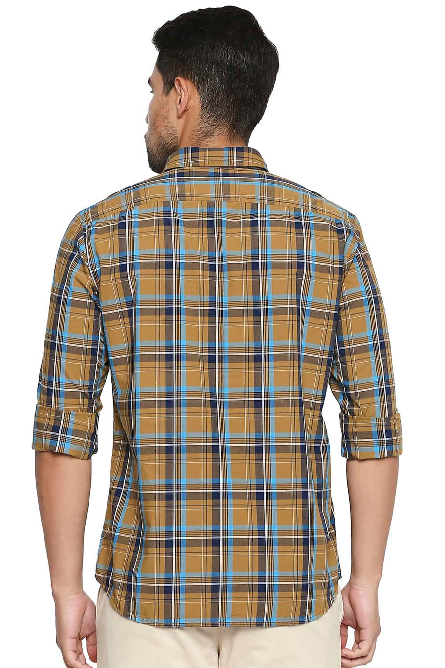BASICS SLIM FIT BONE BROWN CHECKS SHIRT