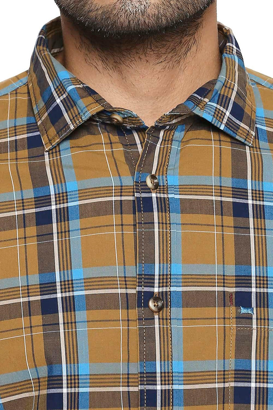 BASICS SLIM FIT BONE BROWN CHECKS SHIRT