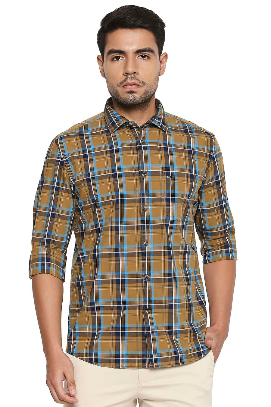 BASICS SLIM FIT BONE BROWN CHECKS SHIRT