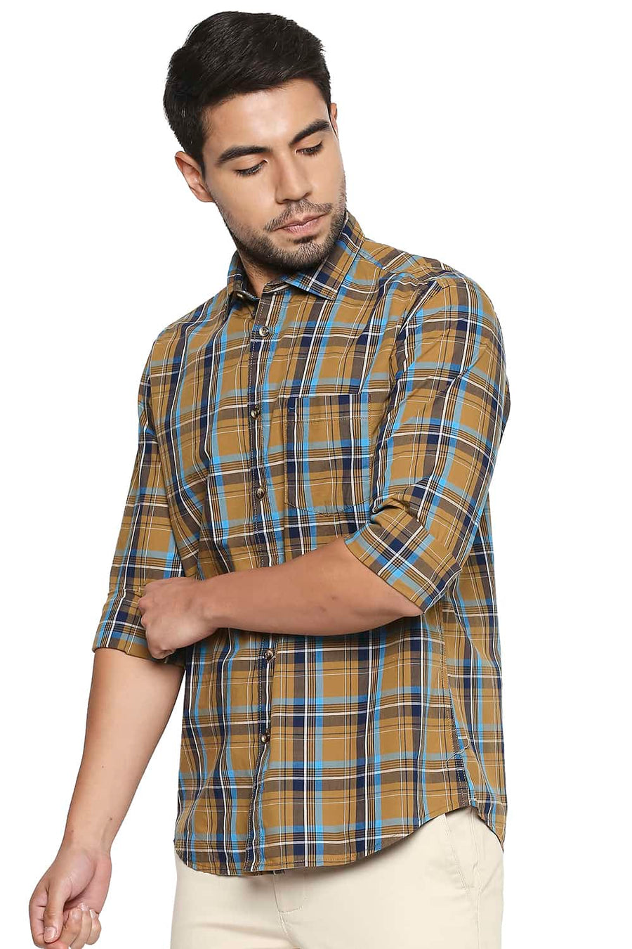 BASICS SLIM FIT BONE BROWN CHECKS SHIRT