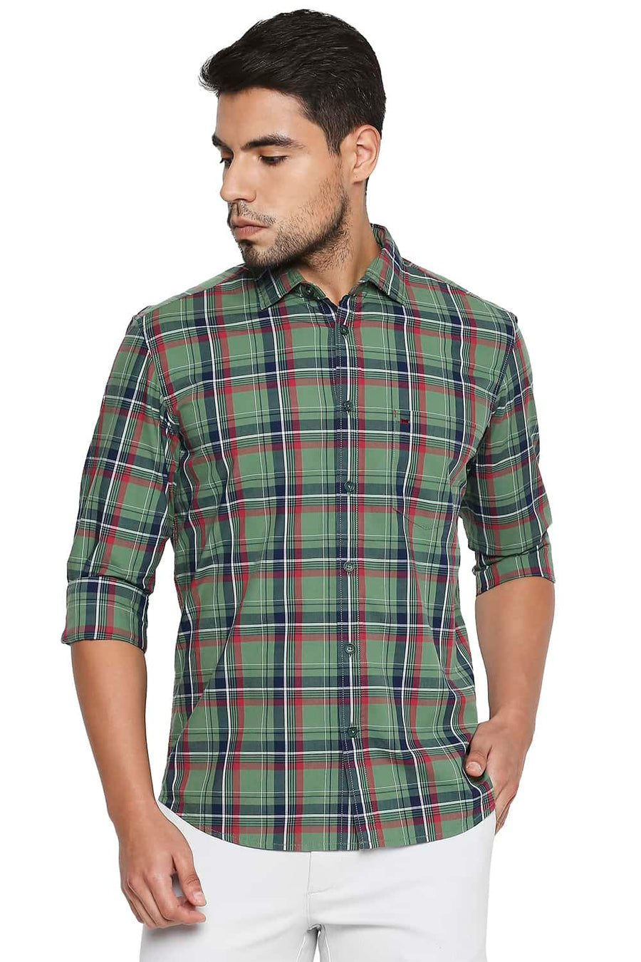BASICS SLIM FIT FROST GREEN CHECKS SHIRT
