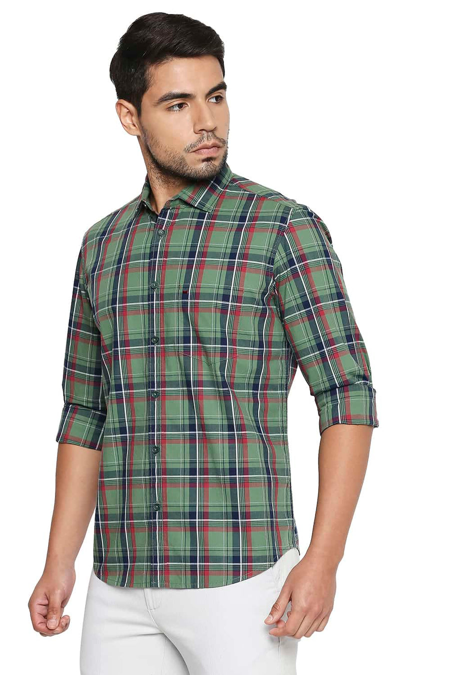 BASICS SLIM FIT FROST GREEN CHECKS SHIRT