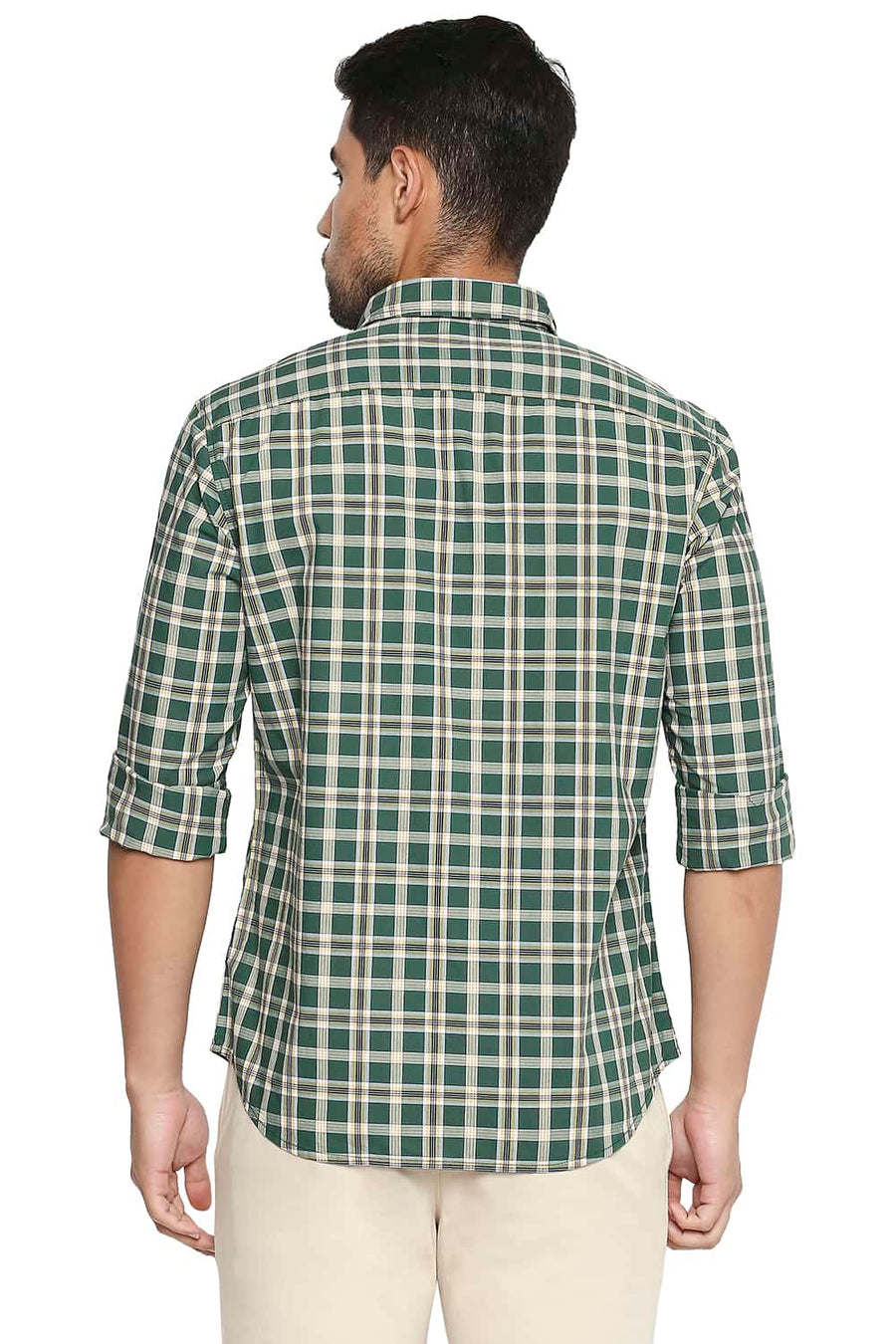 BASICS SLIM FIT HUNTER GREEN CHECKS SHIRT