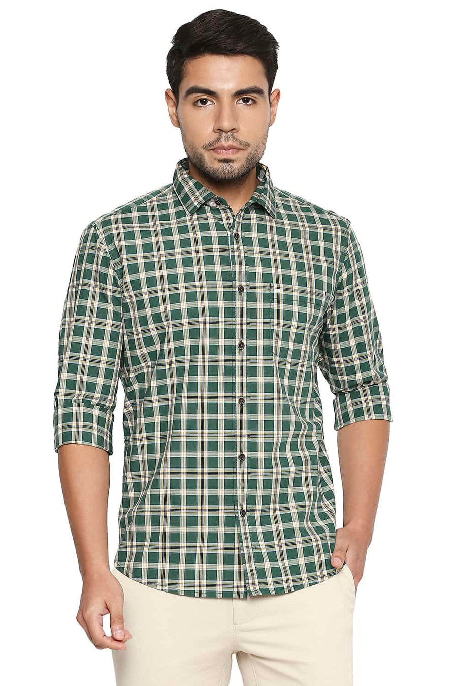 BASICS SLIM FIT HUNTER GREEN CHECKS SHIRT