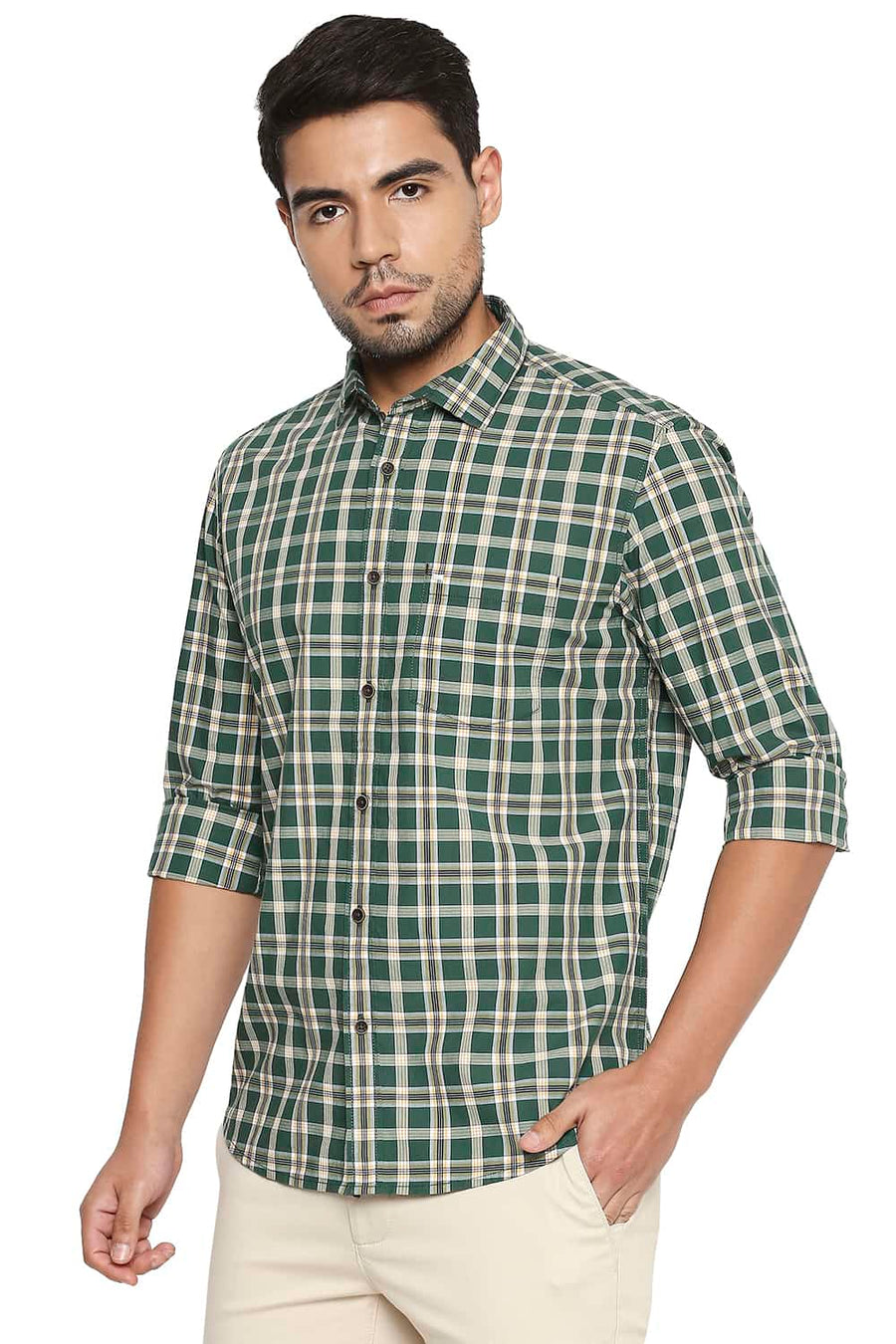 BASICS SLIM FIT HUNTER GREEN CHECKS SHIRT