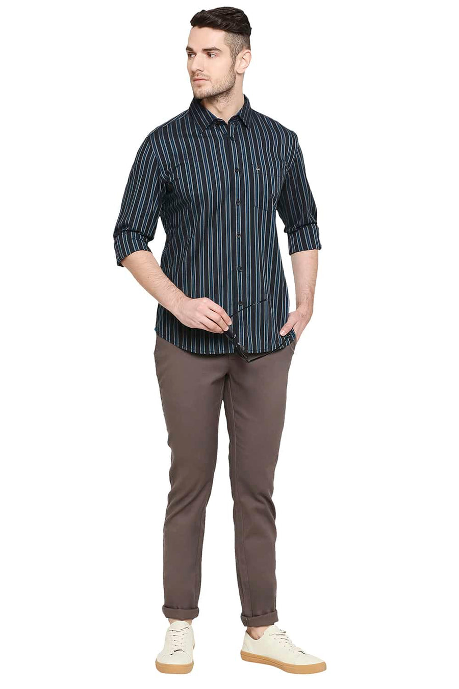 BASICS SLIM FIT CARIBBEAN BLUE STRIPE SHIRT