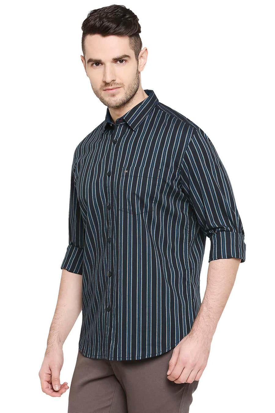 BASICS SLIM FIT CARIBBEAN BLUE STRIPE SHIRT