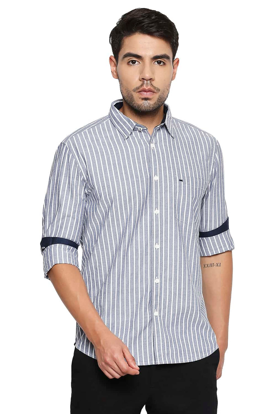 BASICS SLIM FIT SHADOW NAVY STRIPE SHIRT