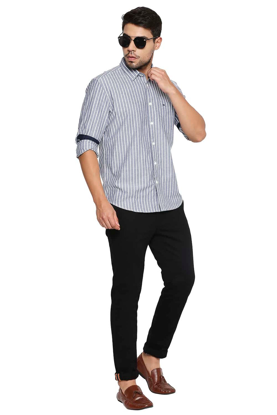 BASICS SLIM FIT SHADOW NAVY STRIPE SHIRT
