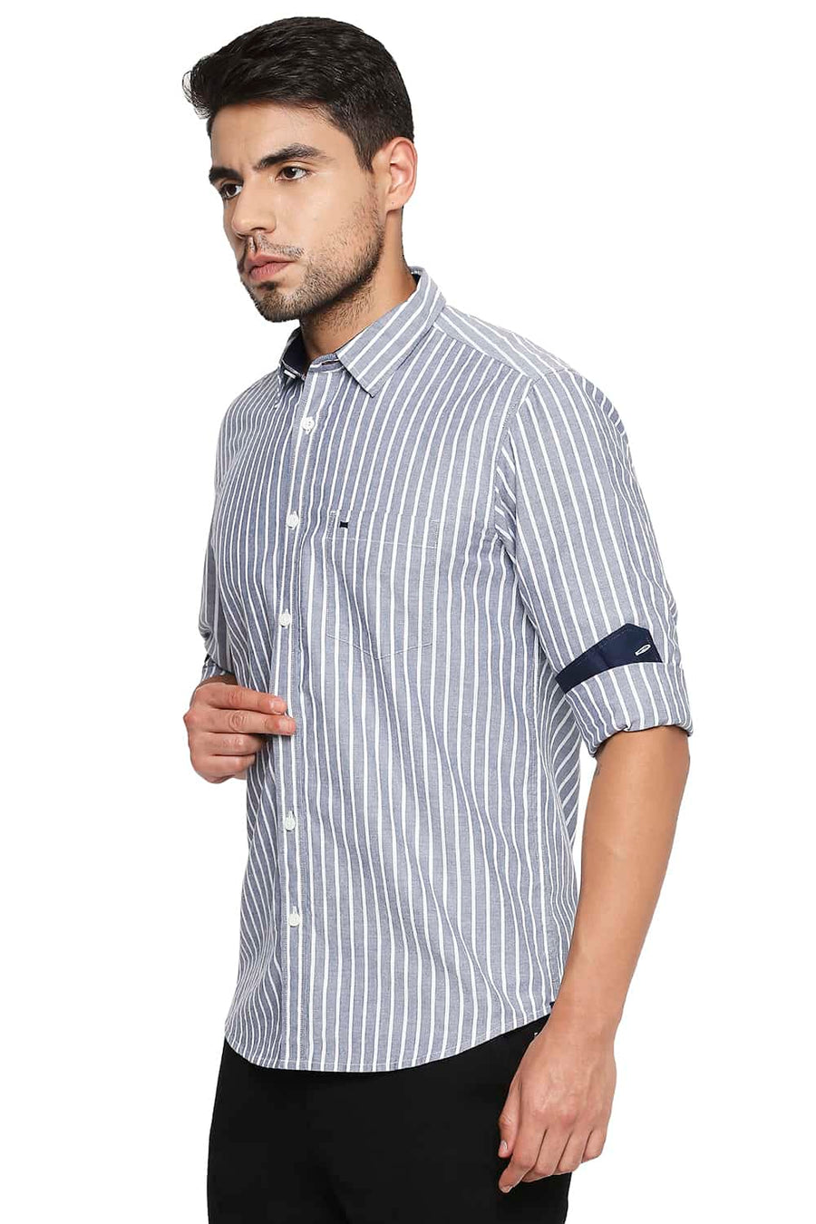 BASICS SLIM FIT SHADOW NAVY STRIPE SHIRT