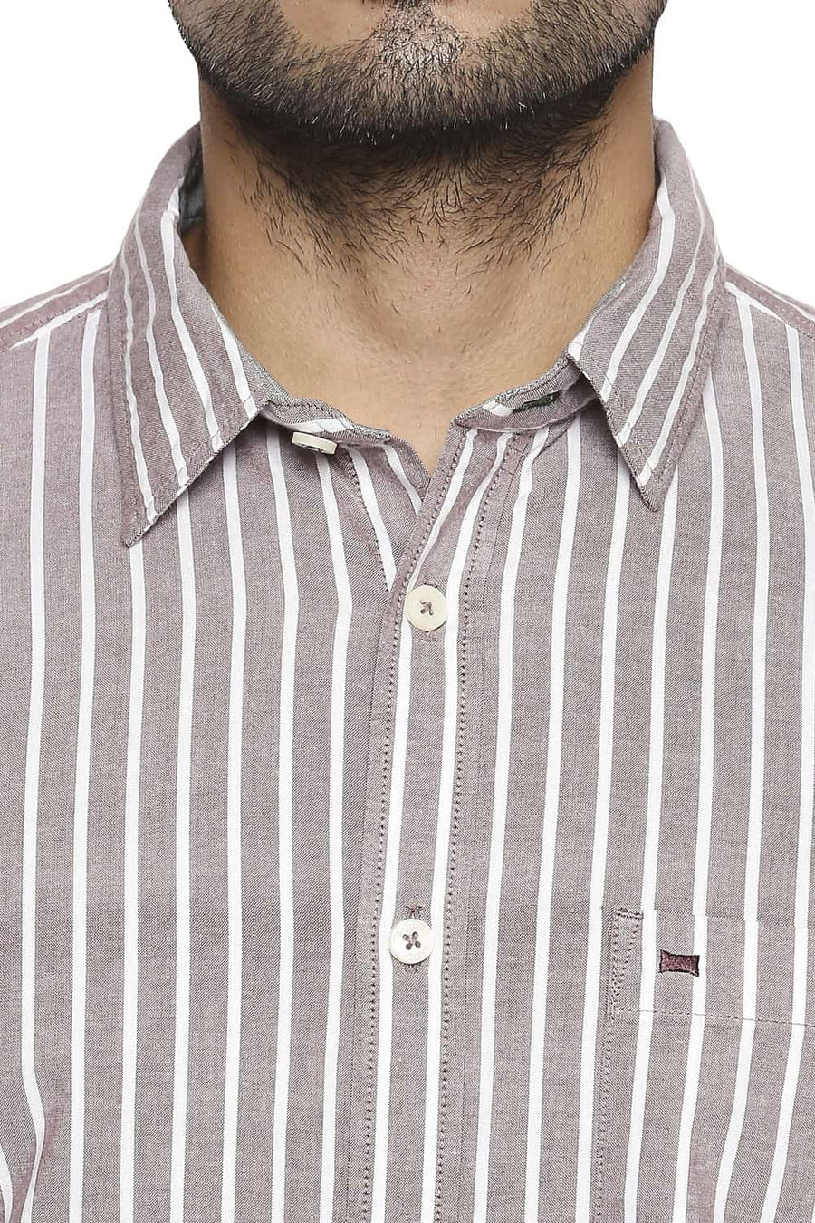 BASICS SLIM FIT ANTLER BROWN STRIPE SHIRT