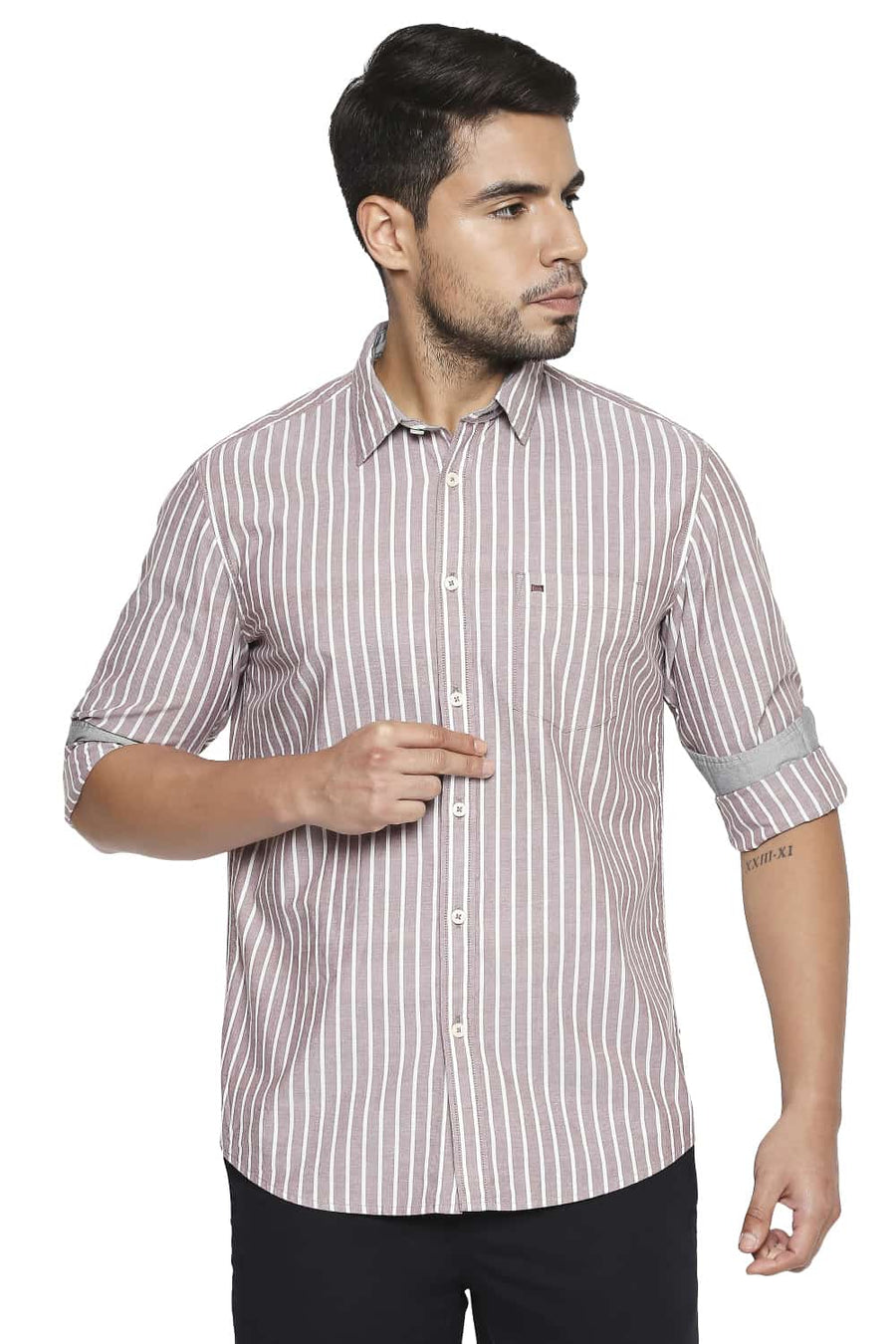 BASICS SLIM FIT ANTLER BROWN STRIPE SHIRT