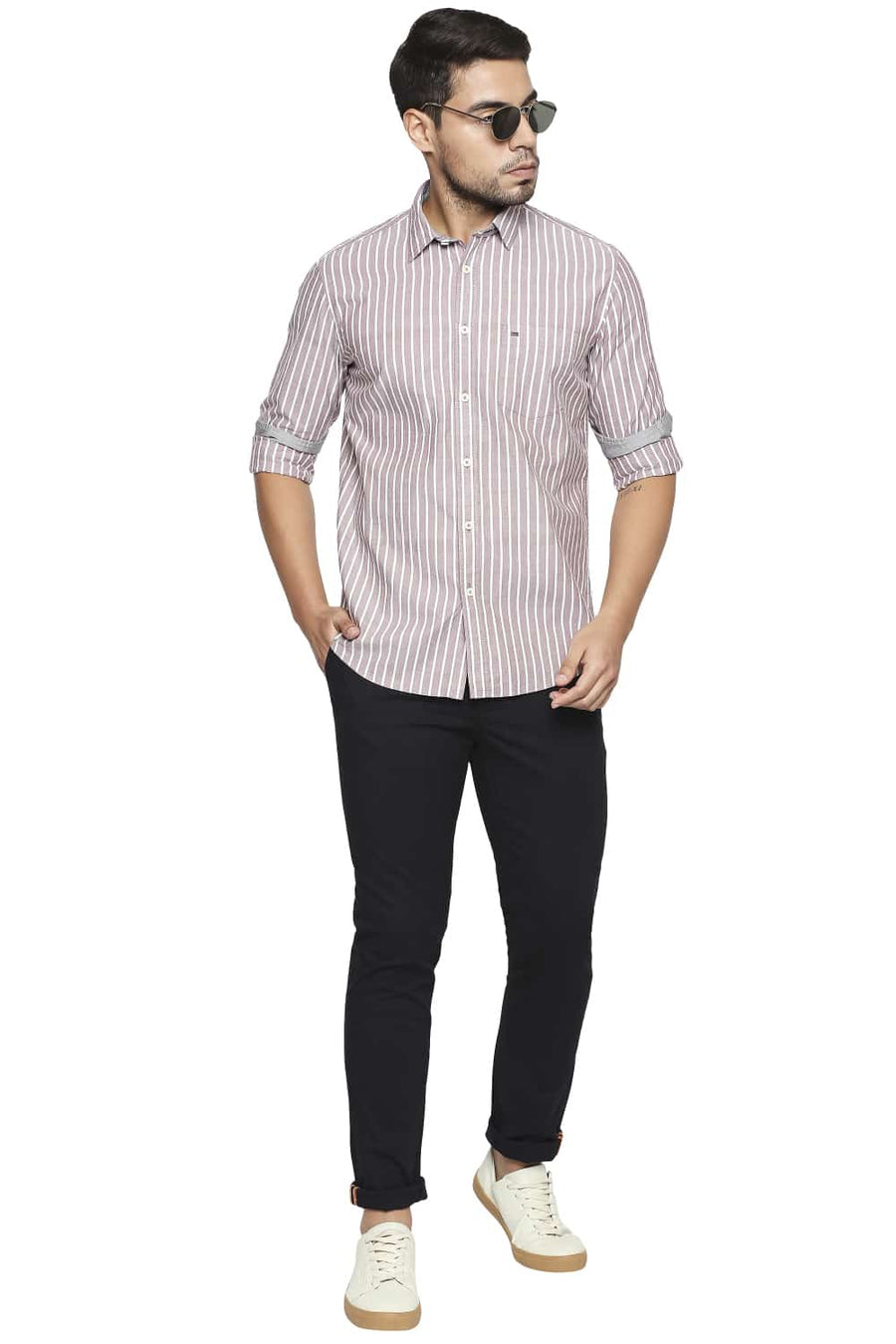 BASICS SLIM FIT ANTLER BROWN STRIPE SHIRT