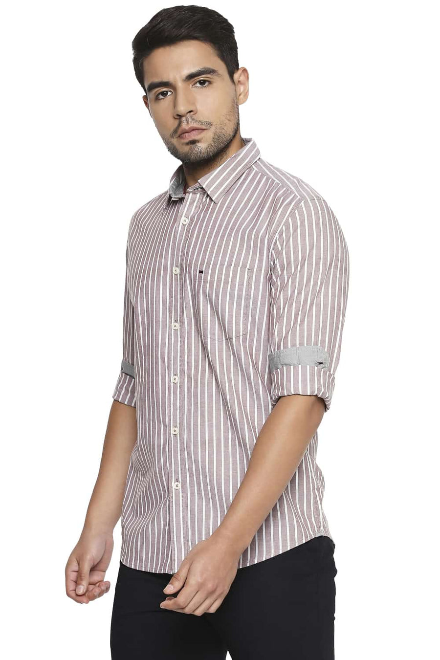 BASICS SLIM FIT ANTLER BROWN STRIPE SHIRT
