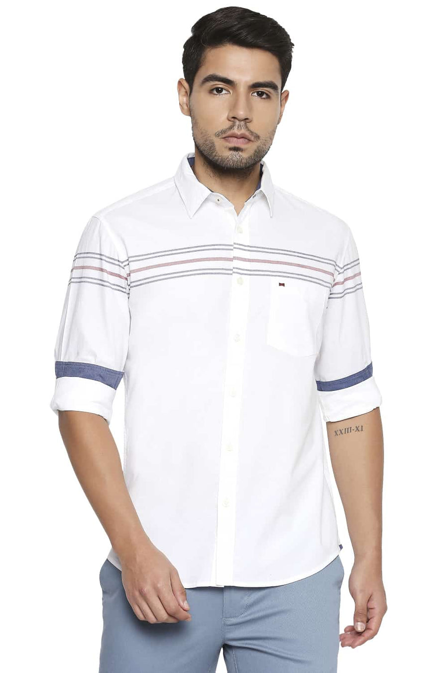 BASICS SLIM FIT CLOUD WHITE ENGINEERED STRIPE SHIRT