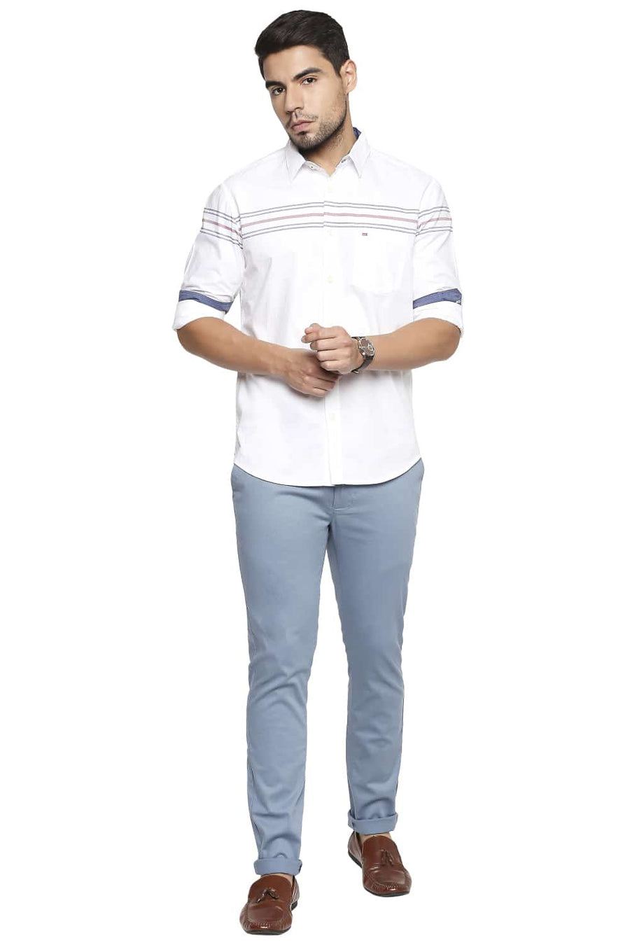 BASICS SLIM FIT CLOUD WHITE ENGINEERED STRIPE SHIRT