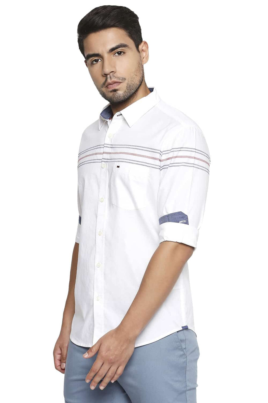 BASICS SLIM FIT CLOUD WHITE ENGINEERED STRIPE SHIRT