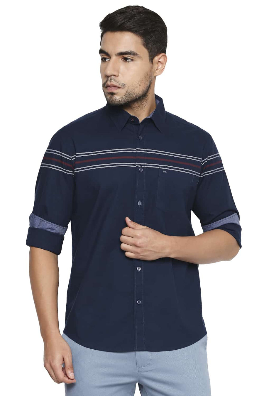BASICS SLIM FIT NAVY NIGHT ENGINEERED STRIPE SHIRT
