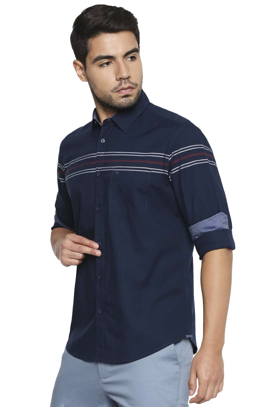 BASICS SLIM FIT NAVY NIGHT ENGINEERED STRIPE SHIRT