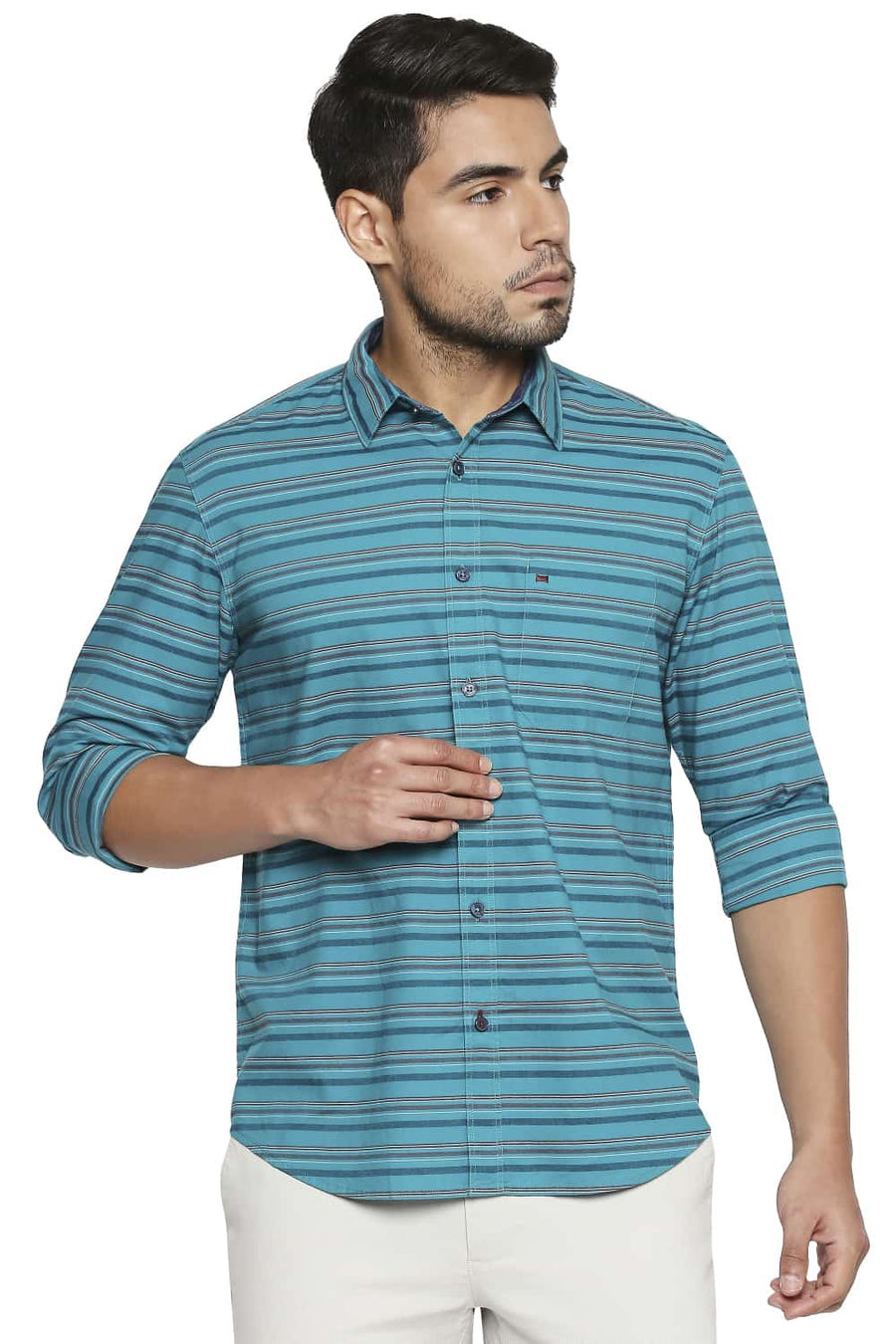 BASICS SLIM FIT LAPIS GREEN STRIPE SHIRT