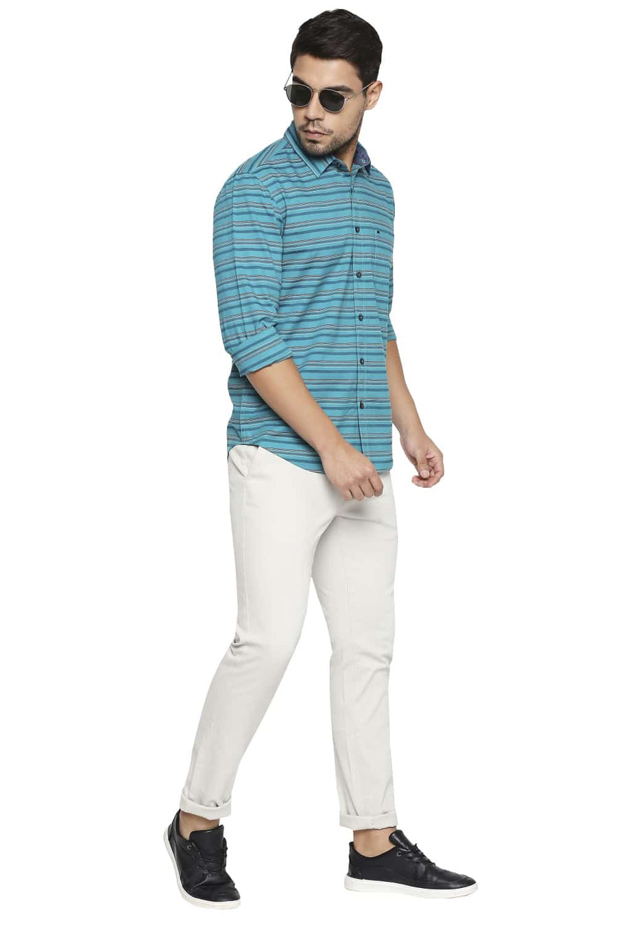 BASICS SLIM FIT LAPIS GREEN STRIPE SHIRT