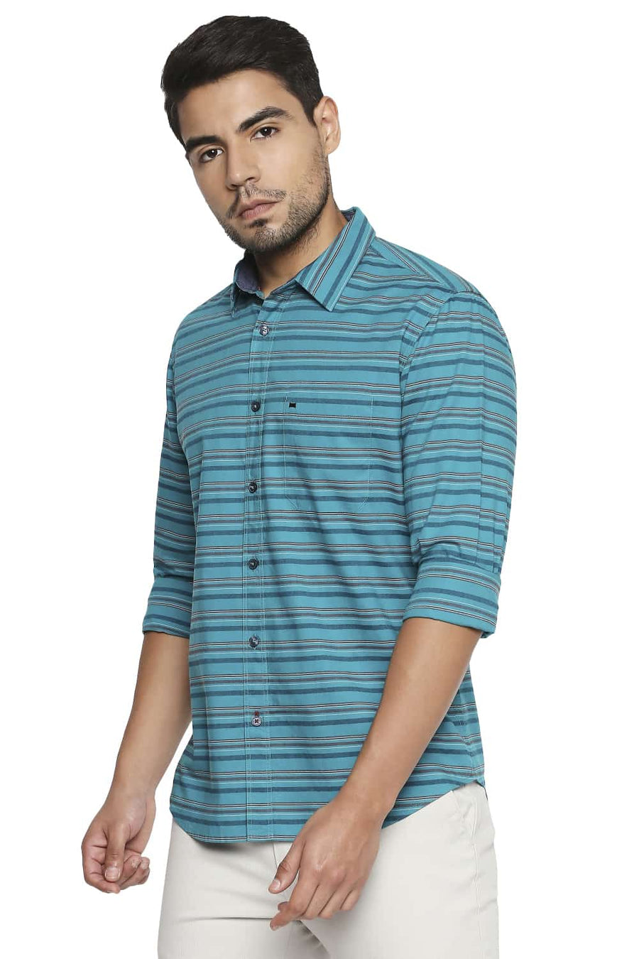 BASICS SLIM FIT LAPIS GREEN STRIPE SHIRT