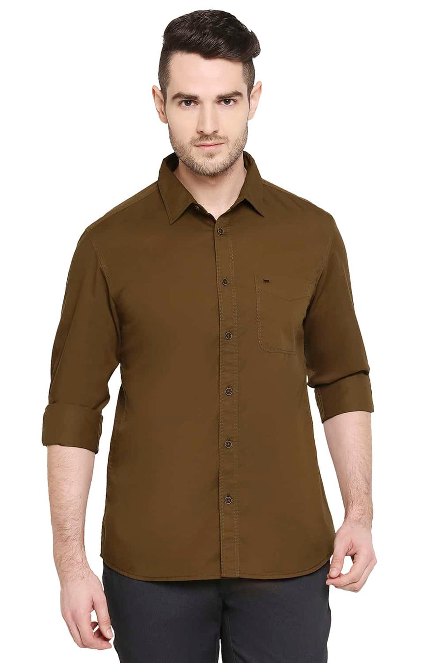 BASICS SLIM FIT DACHSHUND BROWN TWILL SHIRT
