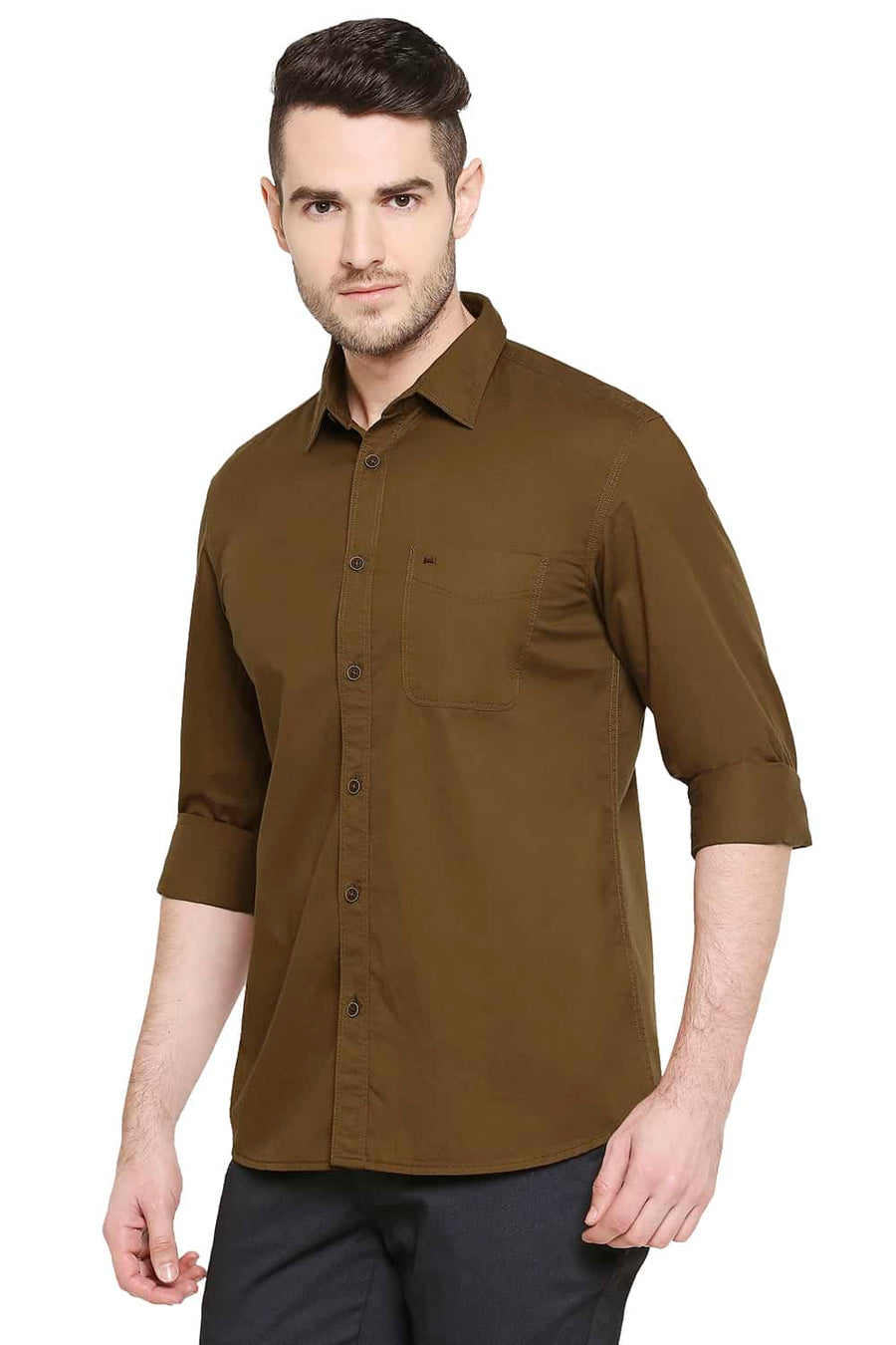 BASICS SLIM FIT DACHSHUND BROWN TWILL SHIRT