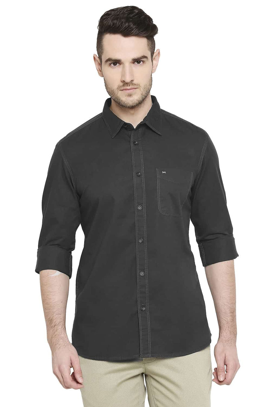 BASICS SLIM FIT PEWTER GREY TWILL SHIRT