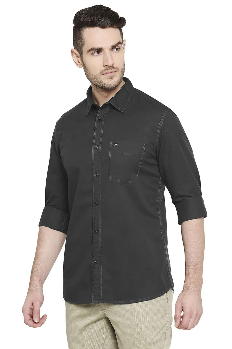BASICS SLIM FIT PEWTER GREY TWILL SHIRT