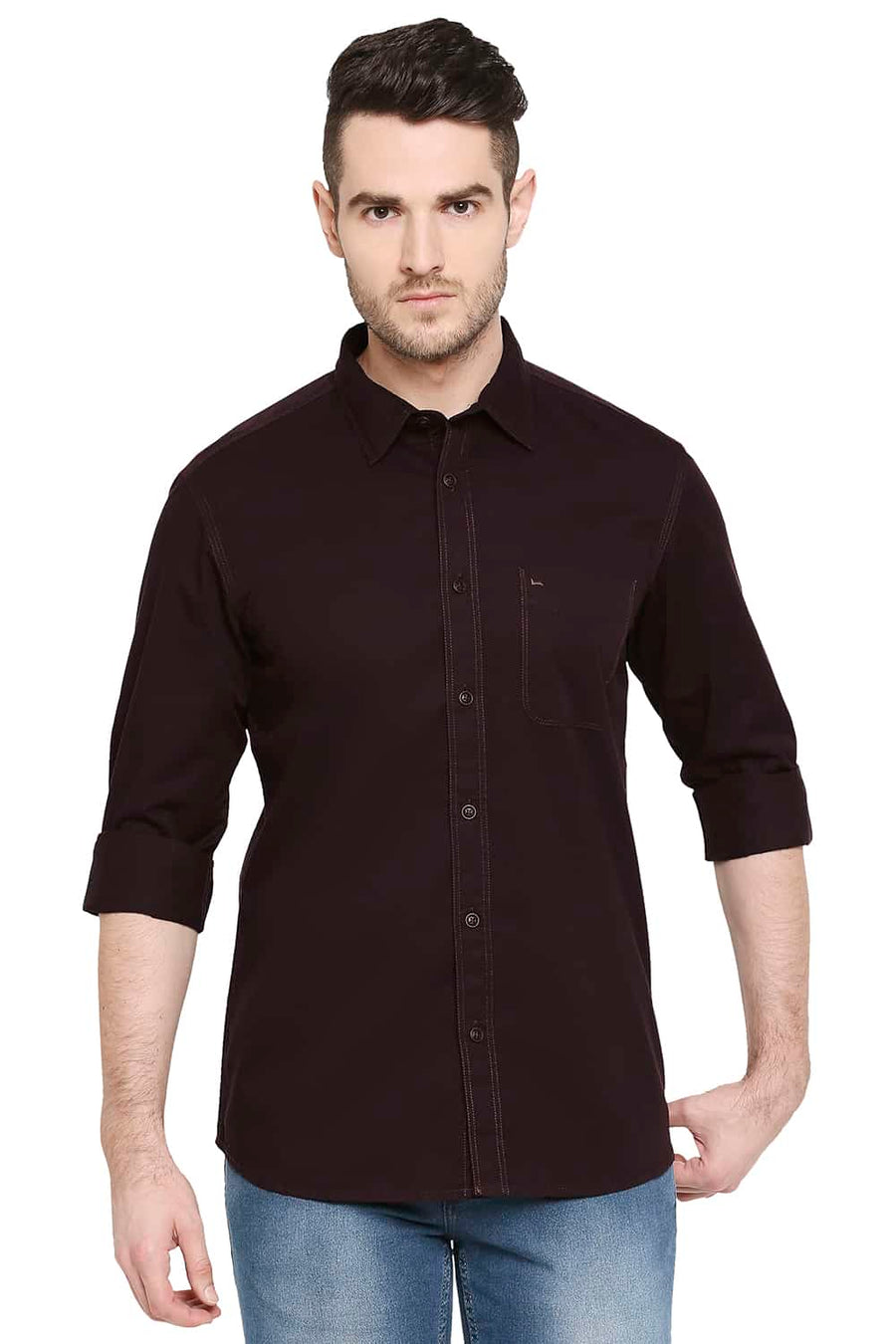 BASICS SLIM FIT PUCE MAROON TWILL SHIRT