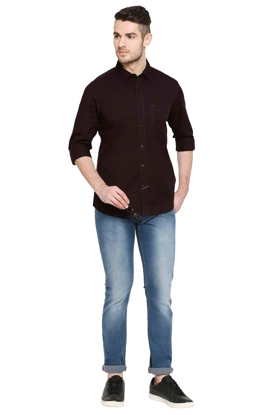 BASICS SLIM FIT PUCE MAROON TWILL SHIRT