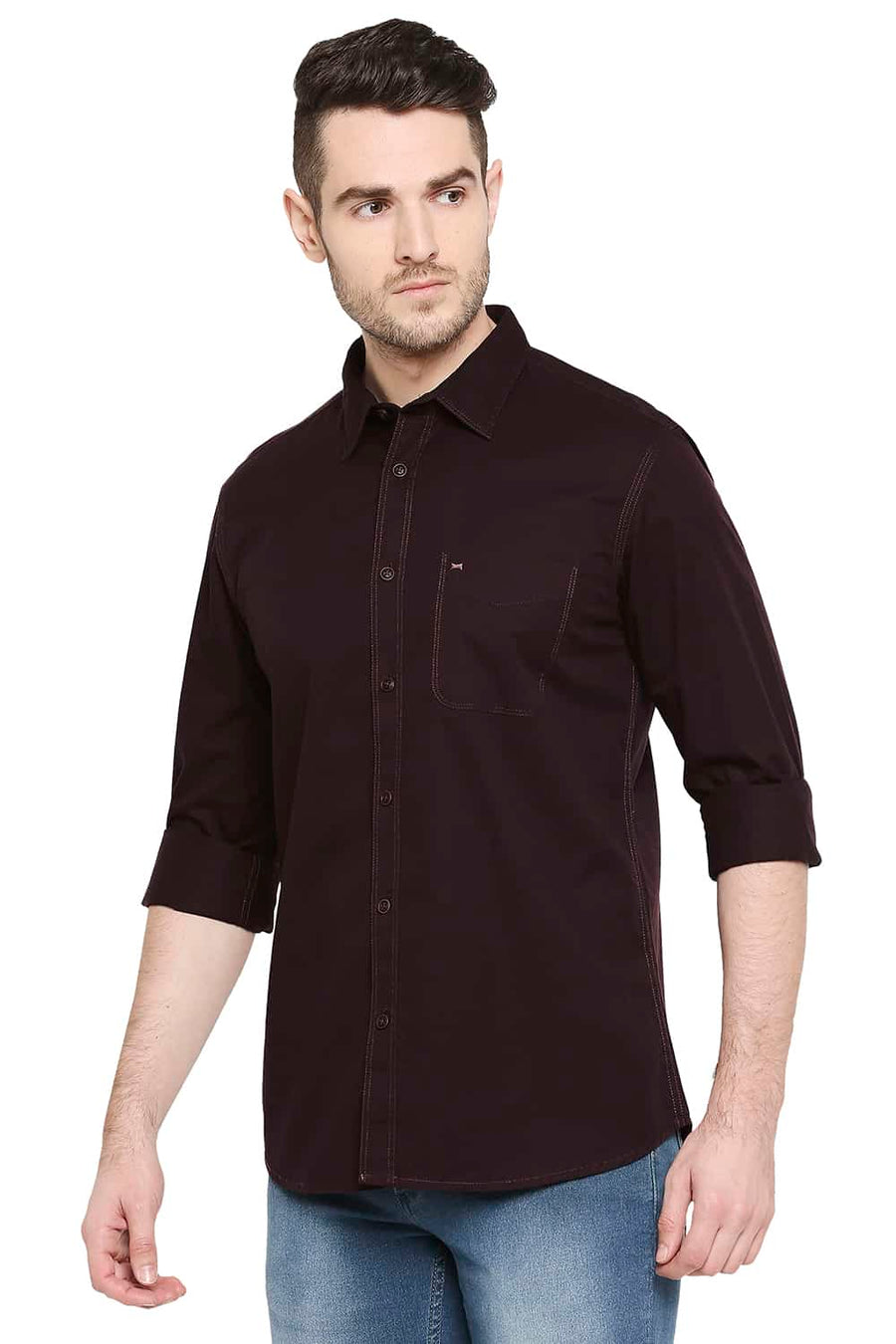 BASICS SLIM FIT PUCE MAROON TWILL SHIRT