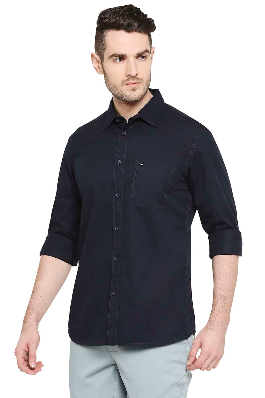 BASICS SLIM FIT NAVY GRAPHITE TWILL SHIRT
