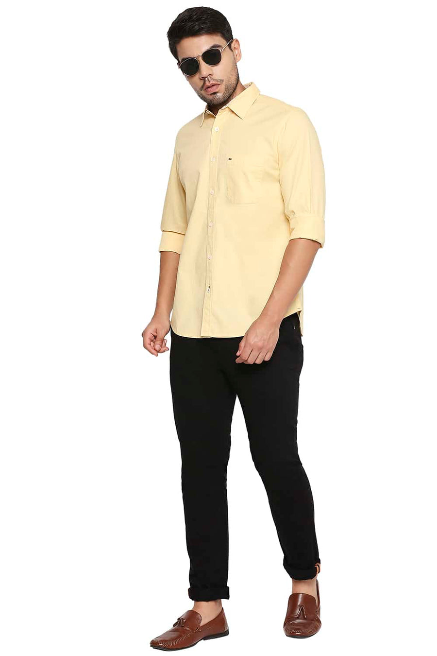 BASICS SLIM FIT GOLDEN YELLOW DOBBY SHIRT