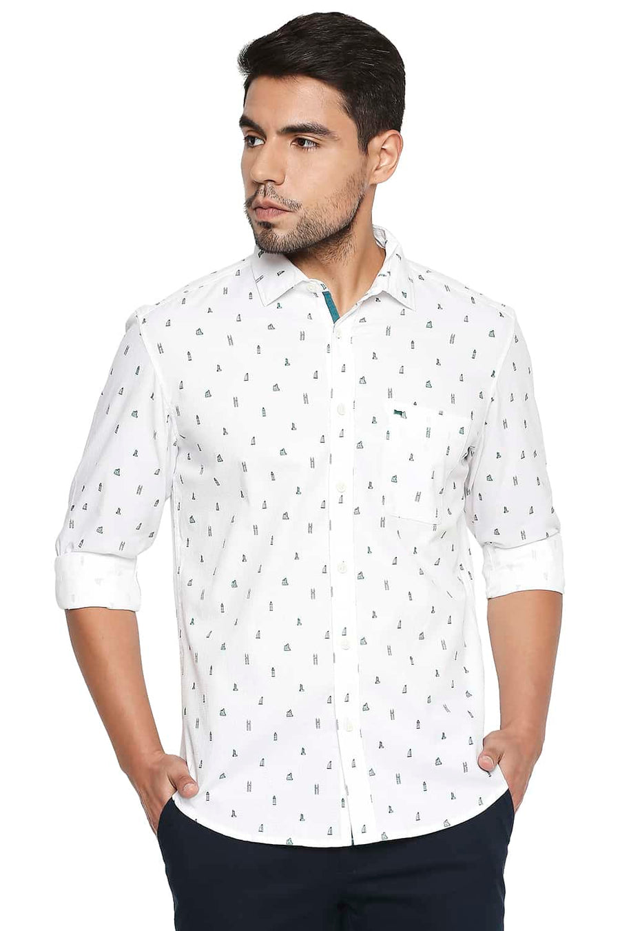 BASICS SLIM FIT GALAPAGOS GREEN PRINTED SHIRT